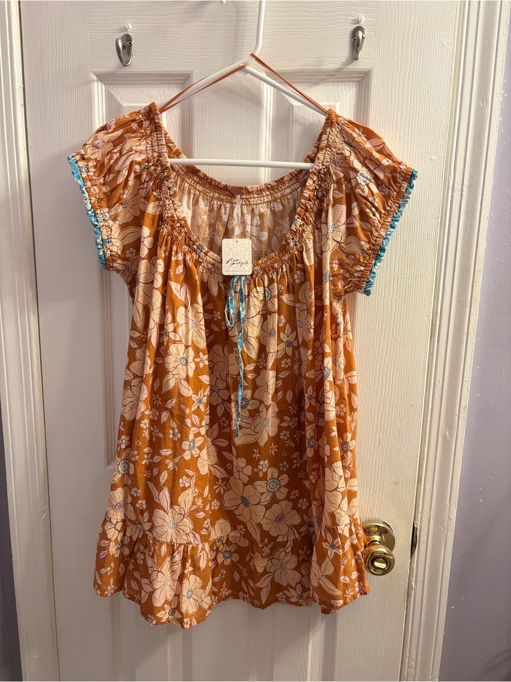 Free People Rust Floral Peasant Tunic with Blue Trim